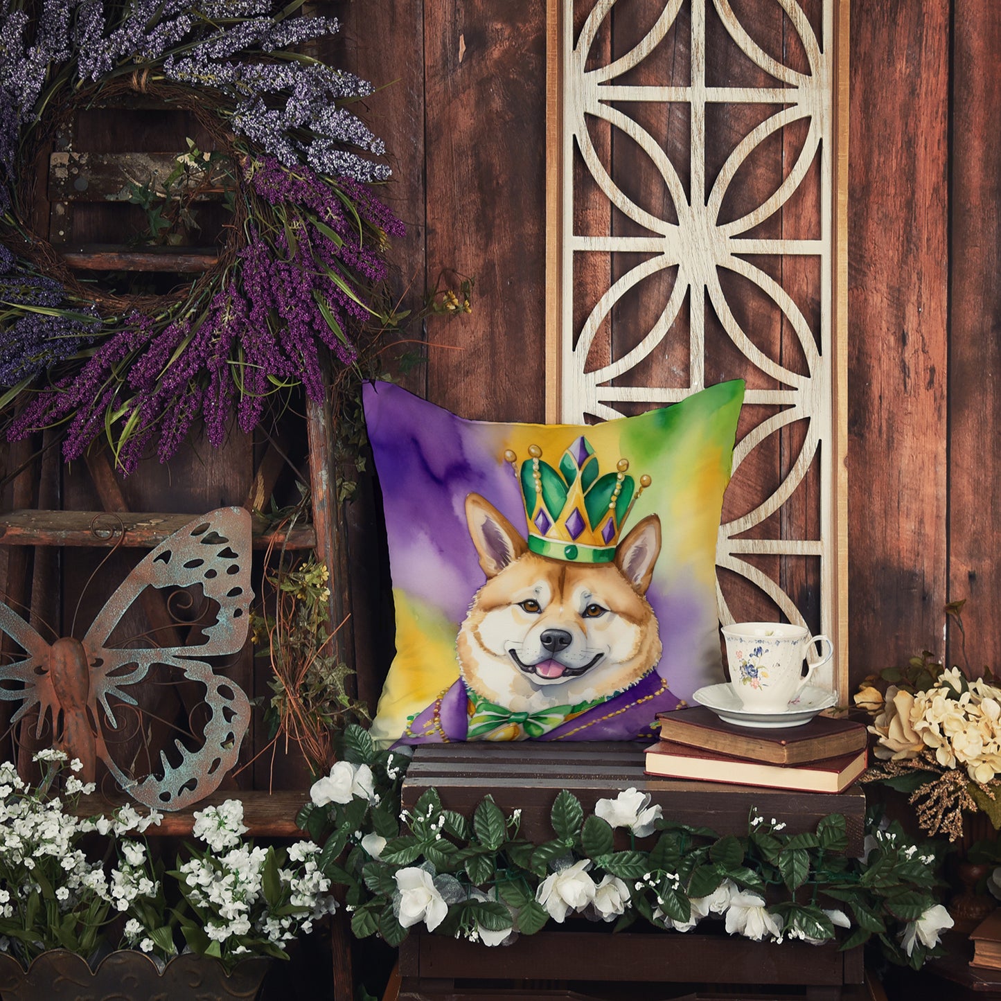 Akita King of Mardi Gras Throw Pillow Machine Washable, Indoor Outdoor Decorative Pillow for Couch, Bed or Patio, 18Hx18W