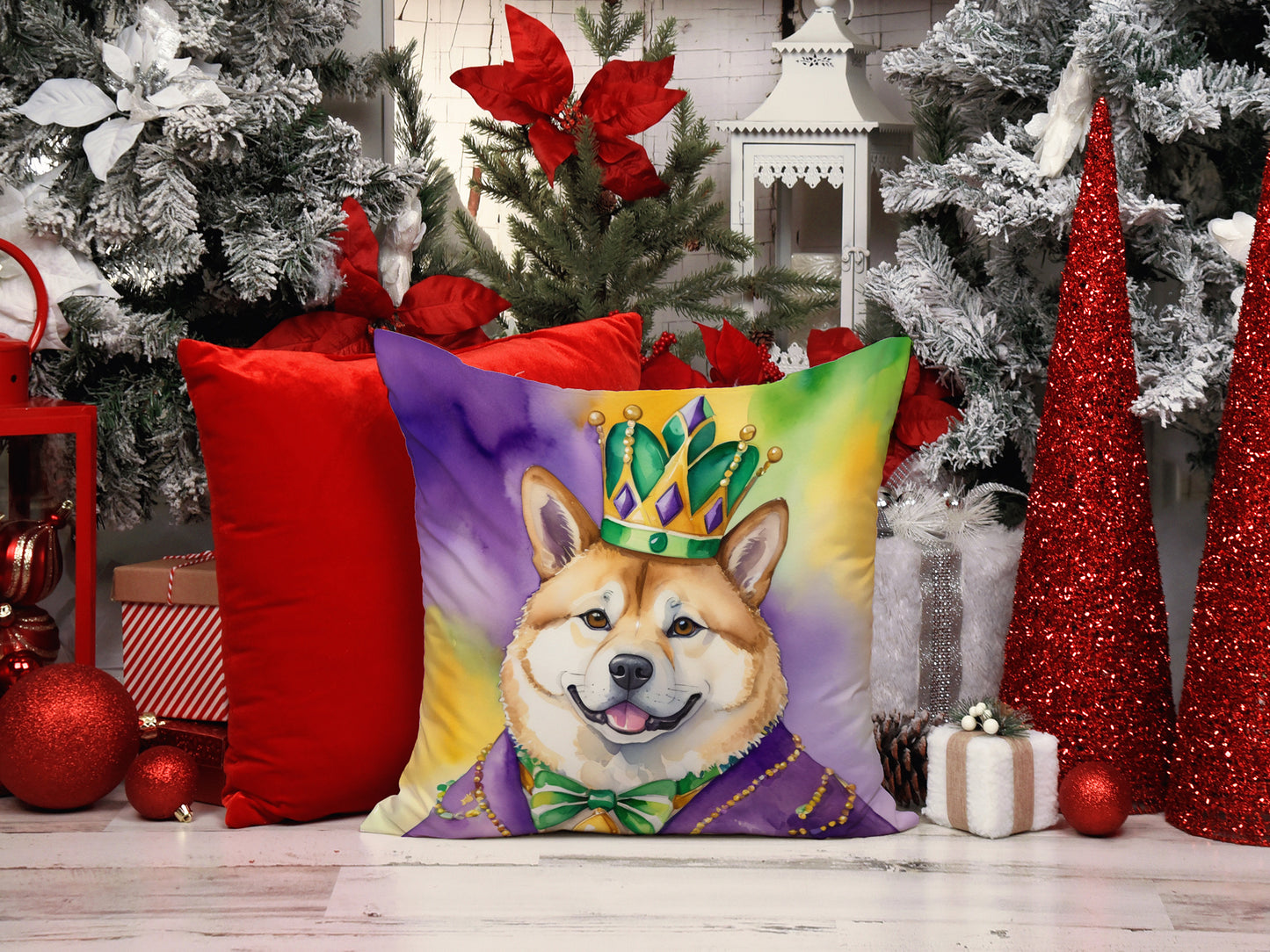 Akita King of Mardi Gras Throw Pillow Machine Washable, Indoor Outdoor Decorative Pillow for Couch, Bed or Patio, 18Hx18W